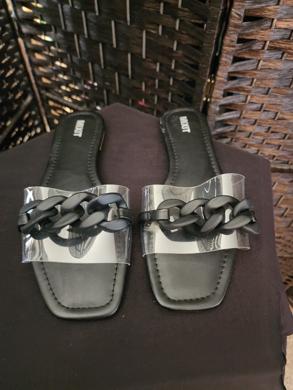 MIA Black Clear-strap Chain Slide Sandals. (B1)